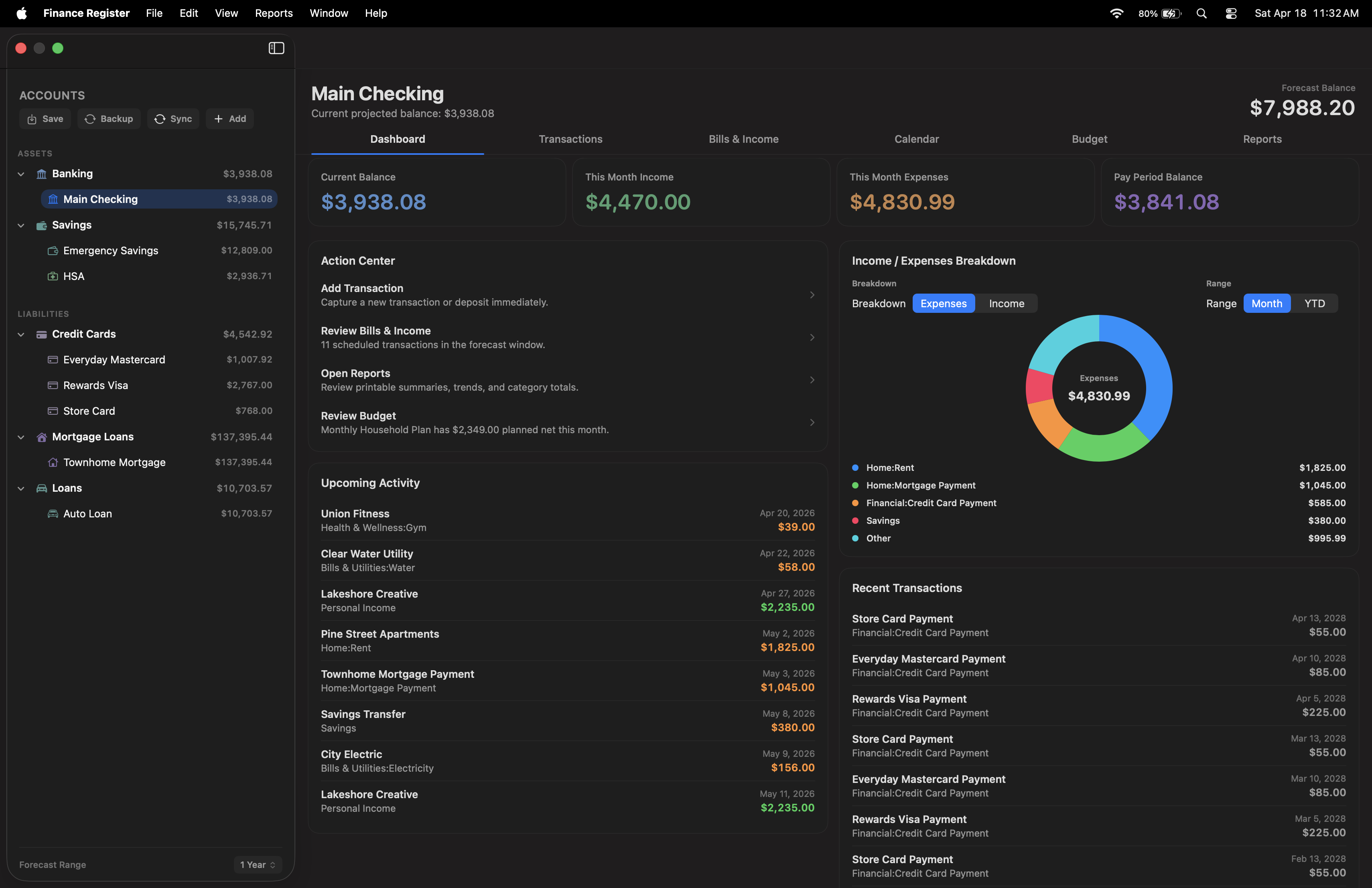 Finance Register dashboard showing accounts, current balance, monthly totals, upcoming activity, category breakdown, and savings goals